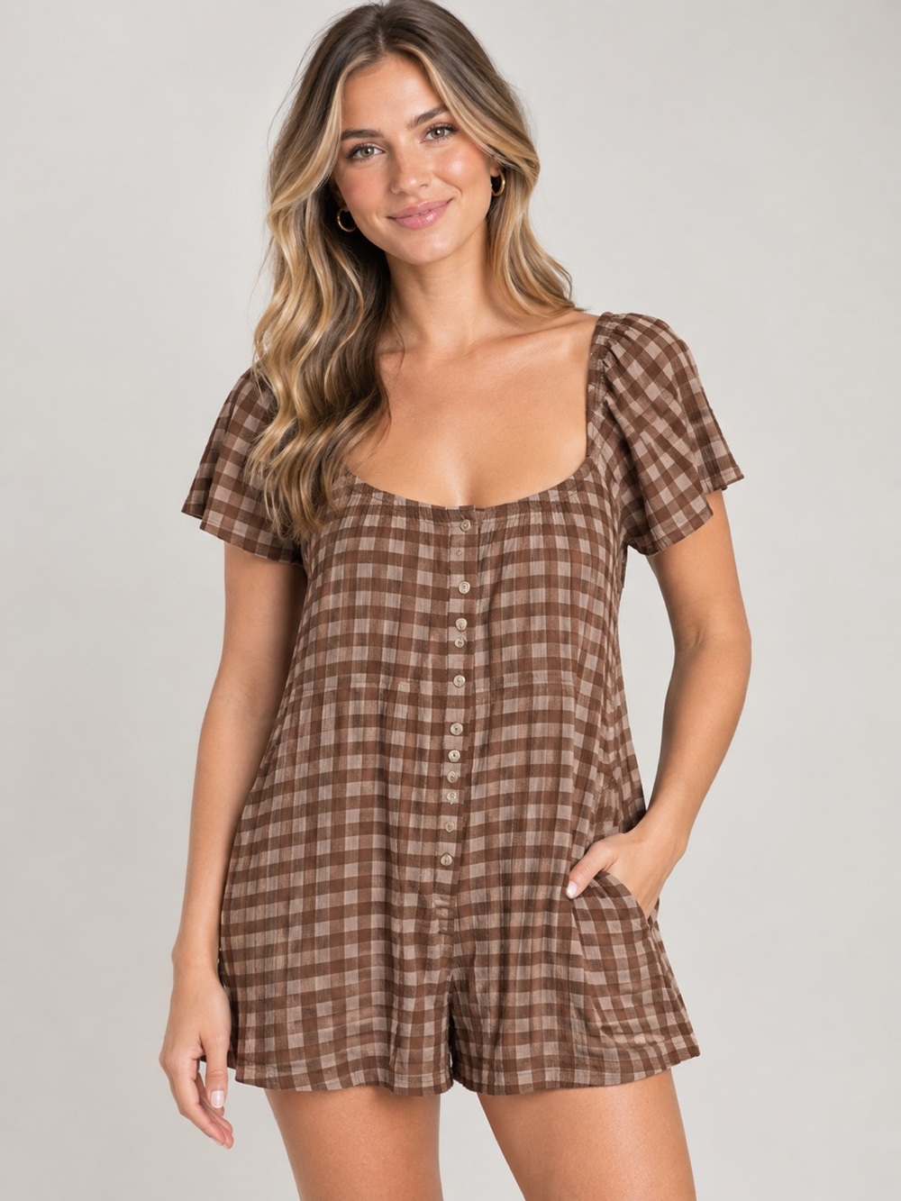 Urban Outfitters "Pocket Full of Sunshine" Brown Gingham Romper - Size Medium